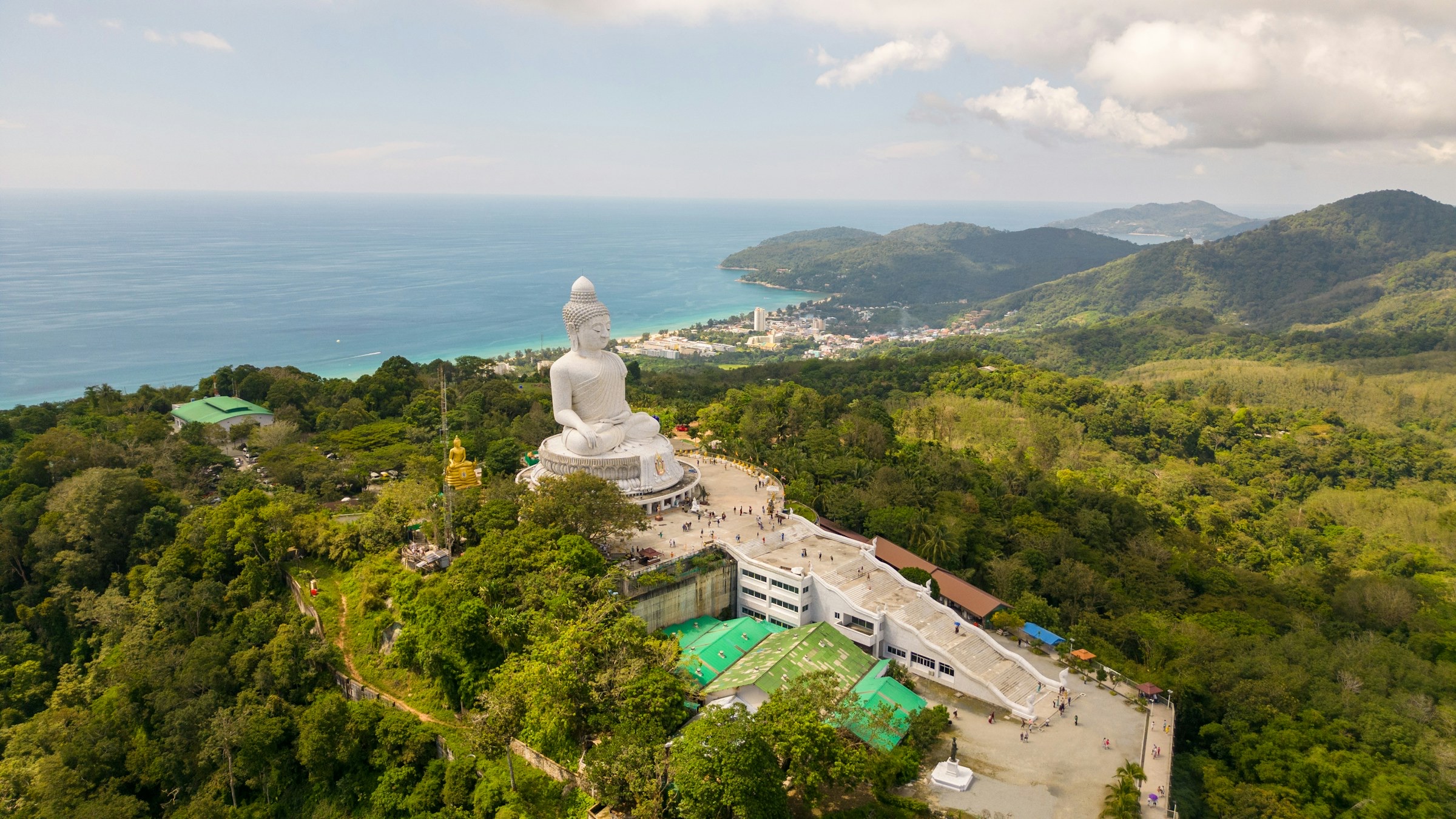 Aerial view of the Big Buddha trail and Phuket coastline