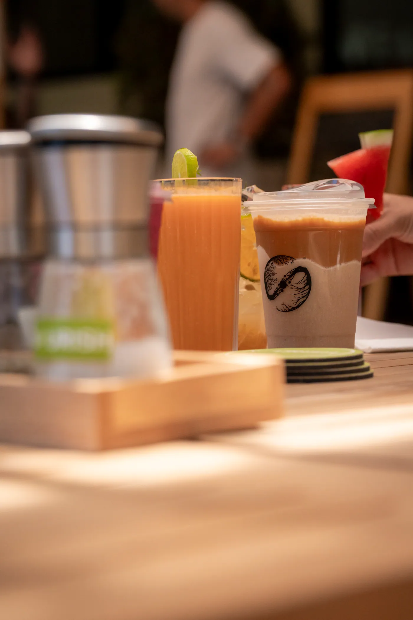 Fresh juice and protein iced coffee at NOURISH
